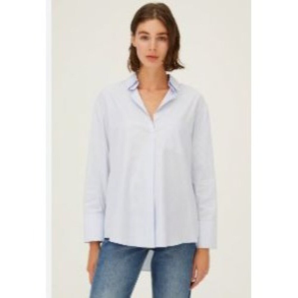 Harshman Blue Stripe Cotton Womens Popover Shirt W/ Pocket $192 Retail - Picture 3 of 10